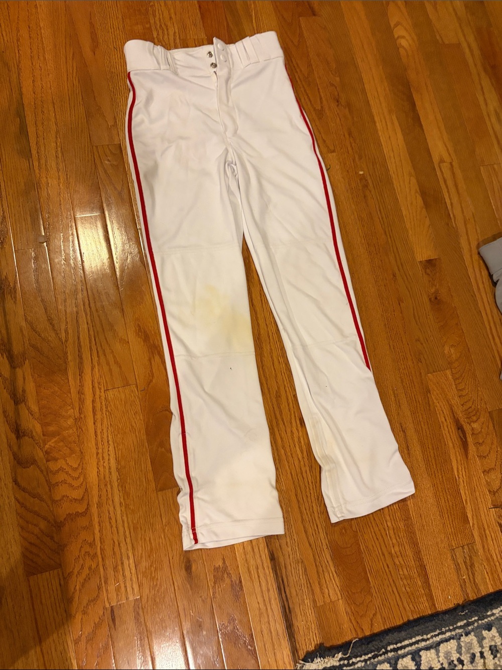 Kids White Athletic Baseball Pants with Red Side Stripe